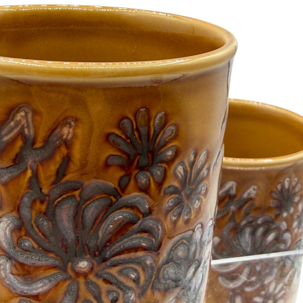 Vintage English Stoneware Coffee Mugs Pair WP‎ Mark Floral Brown Glaze MCM 1970s